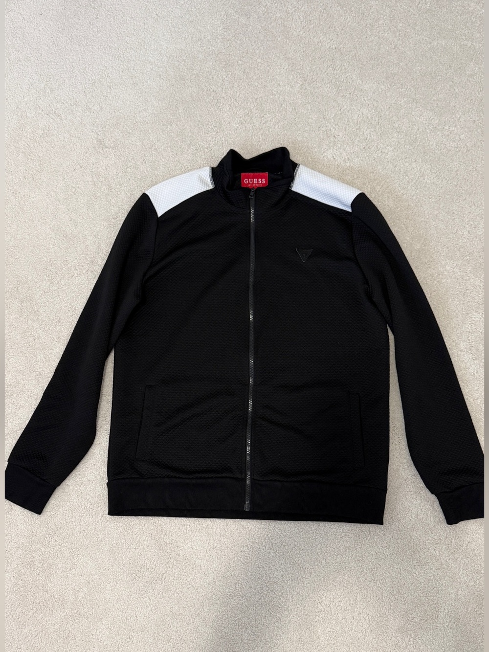 GUESS Men’s Black Zip-Up Jacket with White Shoulder Panels